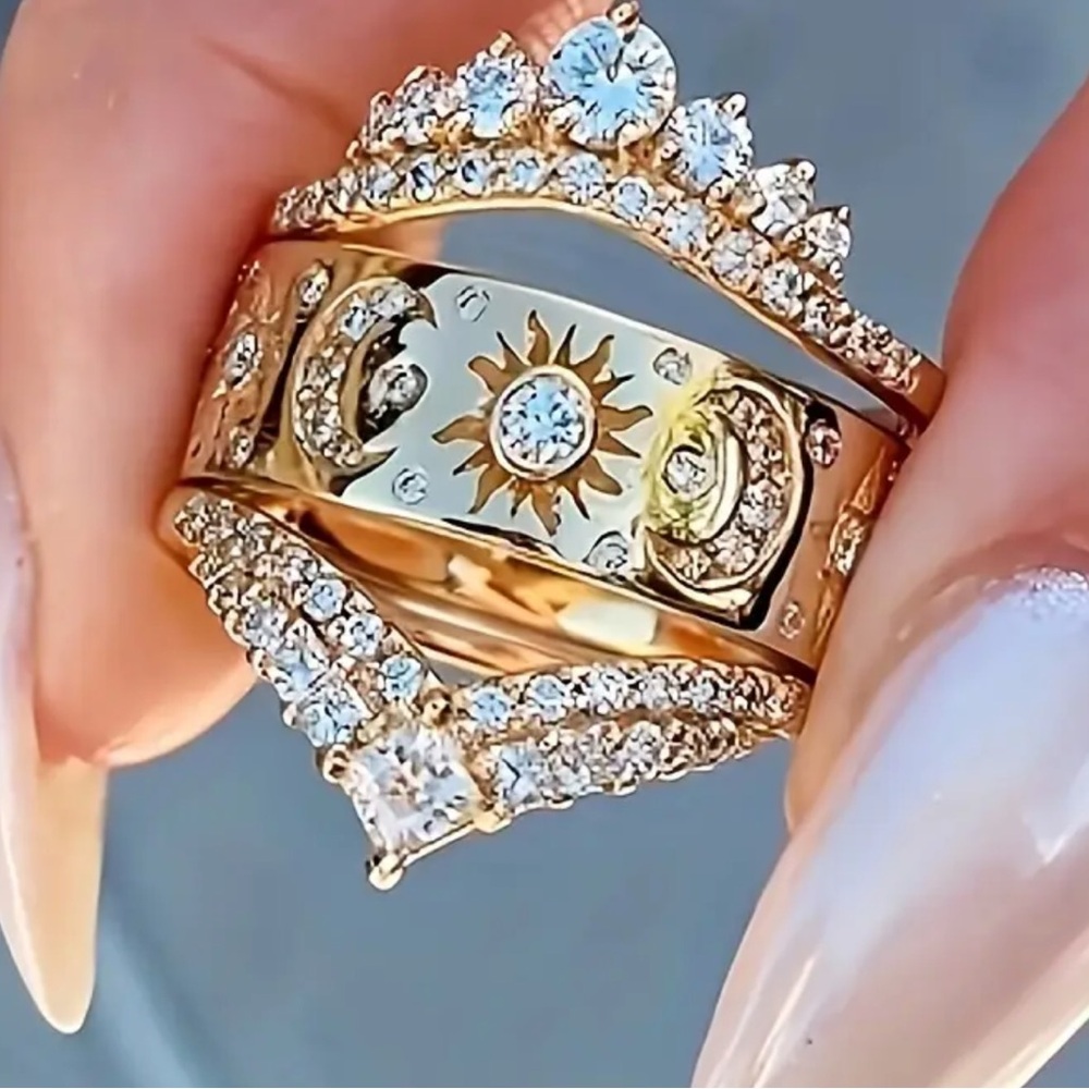 Golden Sun and Moon Ring Set of 3 NEW
